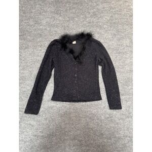 Emmanuel Vintage Black Sparkly Cardigan Faux Fur Collar Y2K Metallic Knit Size 1